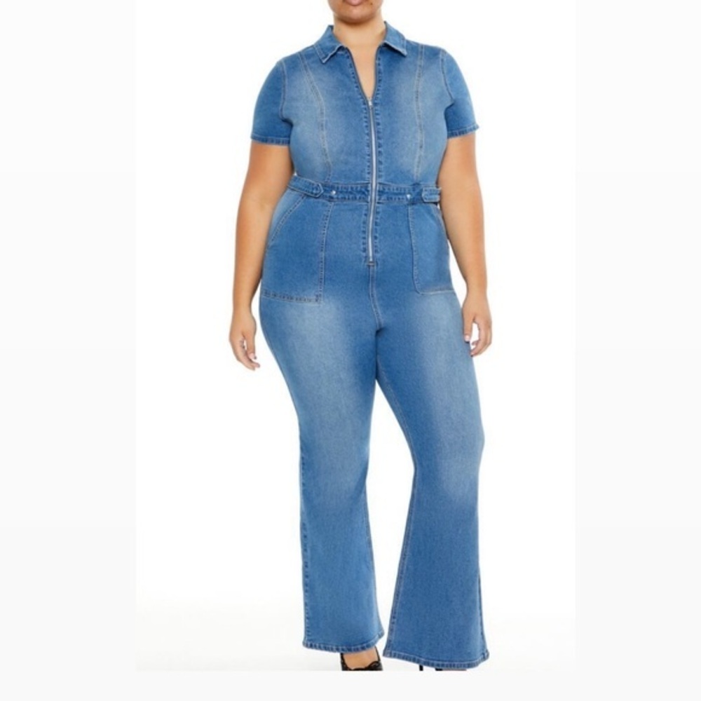 Plus Size Denim Stretch Jumpsuit Flare Leg Short Sleeve 3XL